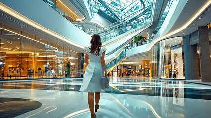 Elegant woman in a white dress walking through a modern shopping mall with glass architecture