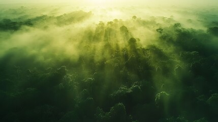 Naklejka premium Mystical Aerial View of Misty Amazon Rainforest at Sunrise