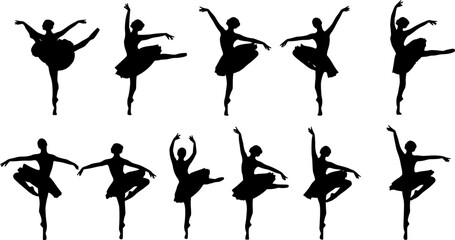 Obraz premium Beautiful set of ballerinas. ballet dance poses.Set of silhouettes of ballerinas in dances, movements, positions.set of silhouettes dancing in various poses and positions.isolated on white background.