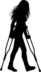 young woman with crutches silhouette vector. silhouette of a woman walking with crutches. Vector drawing the silhouette of a young woman on crutches. black silhouette is isolated on a white background