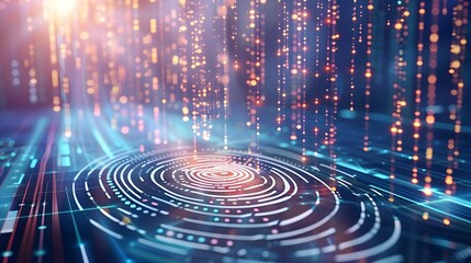 Futuristic fingerprint scanning pattern with digital biometric textures and scanning lines representing cyber security theme  Abstract background with dynamic movement technology and data protection