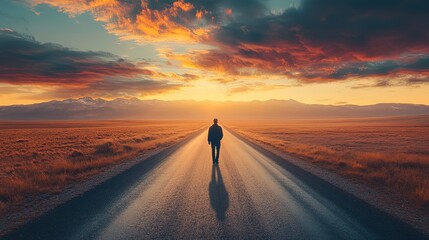 A lonely road stretching endlessly into the horizon, a figure walking aimlessly 