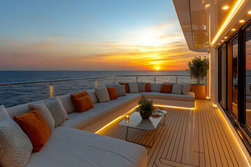 Fototapeta premium Luxury Yacht Deck At Sunset With Outdoor Seating