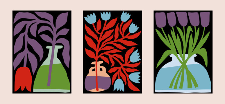 Contemporary flowers. Art vase pattern. Modern naive shapes or decorative retro Matisse collage. Wavy floral forms. Blossoms bouquet. Glass jug with blooms. Vector abstract posters set