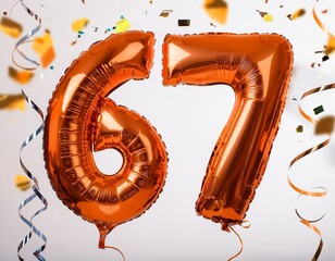 Orange balloon number 67 for sixty-seventh birthday or anniversary party. White background with confetti
