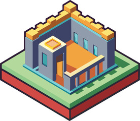 Castle Building Vector Illustration, Vector illustration of a castle building with a modern, geometric design, featuring a blocky structure and bright colors.
