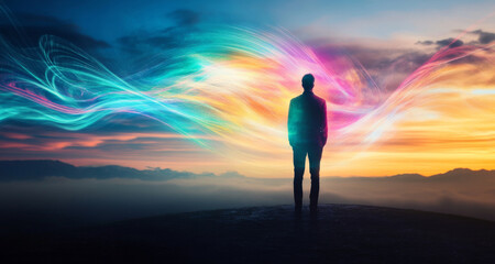 Fototapeta premium A figure stands against a breathtaking sunset, contemplating the fusion of technology and nature in contemporary agriculture.