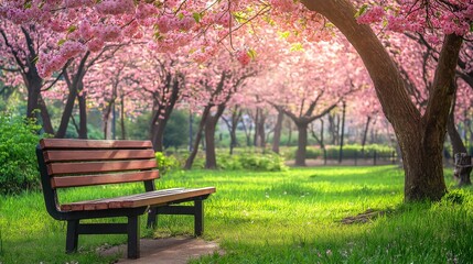 Cherry blossoms in full bloom create a serene park scene with empty bench on lush green grass. Concept: tranquility and beauty found among cherry blossoms.