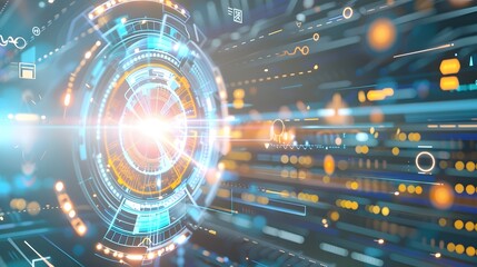 Futuristic VR Inspired Digital Interface with Floating HUD Elements and Glowing Symbols  Abstract Immersive and Transparent Geometric Patterns Create a Visually Striking Technological Backdrop