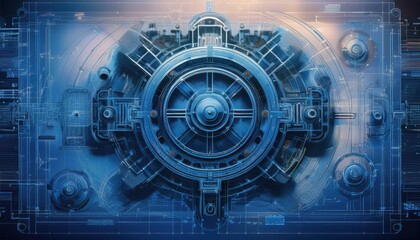 Obraz premium Complex machinery composed of intricate details highlighted against a contemporary blue backdrop