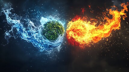Fototapeta premium Water and fire elements surround a central sphere of green nature