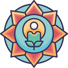 Vector illustration of lotus and sun emblem, A colorful vector illustration featuring a lotus flower surrounded by sun rays, symbolizing peace, growth, and enlightenment.
