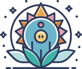 Vector illustration of colorful flower and pig symbol, A vibrant vector illustration featuring a flower with a stylized pig symbol at the center, surrounded by stars and leaves.
