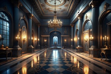 A Grand, Opulent Ballroom Bathed In The Warm Glow Of Candlelight And A Magnificent Chandelier, Reflecting Elegance And Timeless Beauty On A Checkered Floor