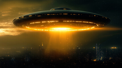 Fototapeta premium A massive glowing UFO hovers over a dark cityscape, casting a golden beam of light. The futuristic craft looms ominously, creating an intense and mysterious atmosphere.