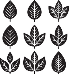 Obraz premium Black and white leaf icon silhouette vector set