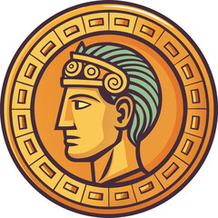 Vector coin with ancient Greek emperor profile, A vector illustration of an ancient Greek-style coin featuring a profile of an emperor with a crown and detailed hair.
