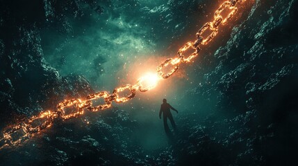Fototapeta premium A glowing broken chain floating in midair, with a solitary figure reaching for it 