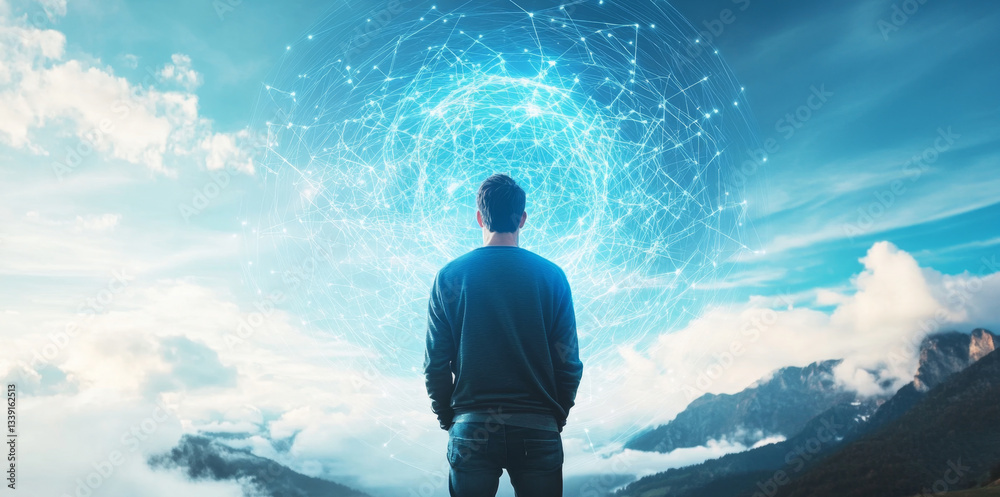 Poster A person stands in front of expansive agricultural fields under a vibrant sky, contemplating the impact of modern technology and selection methods on farming practices and sustainability.