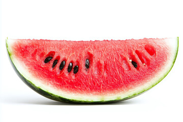Fresh watermelon slice, vibrant red flesh with black seeds, perfect for summer enjoyment. This juicy fruit is refreshing treat on hot days