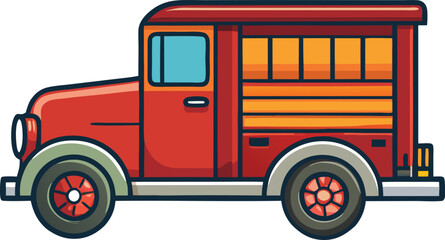 Vintage delivery truck vector with wooden cargo, A vector illustration of a vintage delivery truck with a red body and wooden cargo bed design.
