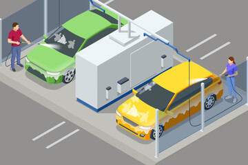Isometric hand car wash station. High pressure washer. Self-service car wash. Two people are washing their cars at a self-service car wash using high-pressure hoses