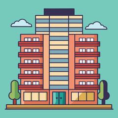 Apartment building vector with trees and windows, A vector illustration of an apartment building with multiple windows and trees on a green background.
