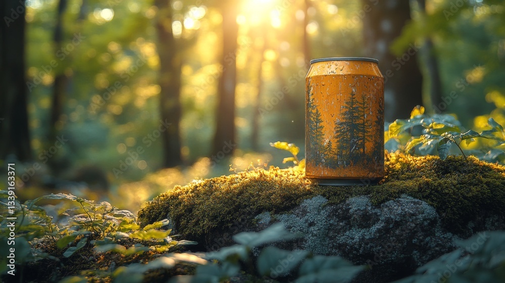 Leinwandbilder a bright orange can featuring a forest design sits atop a moss-covered rock in a tranquil forest. su
