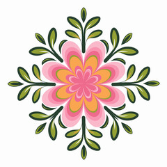 A symmetrical floral design featuring vibrant pink and yellow petals is surrounded by lush green leaves