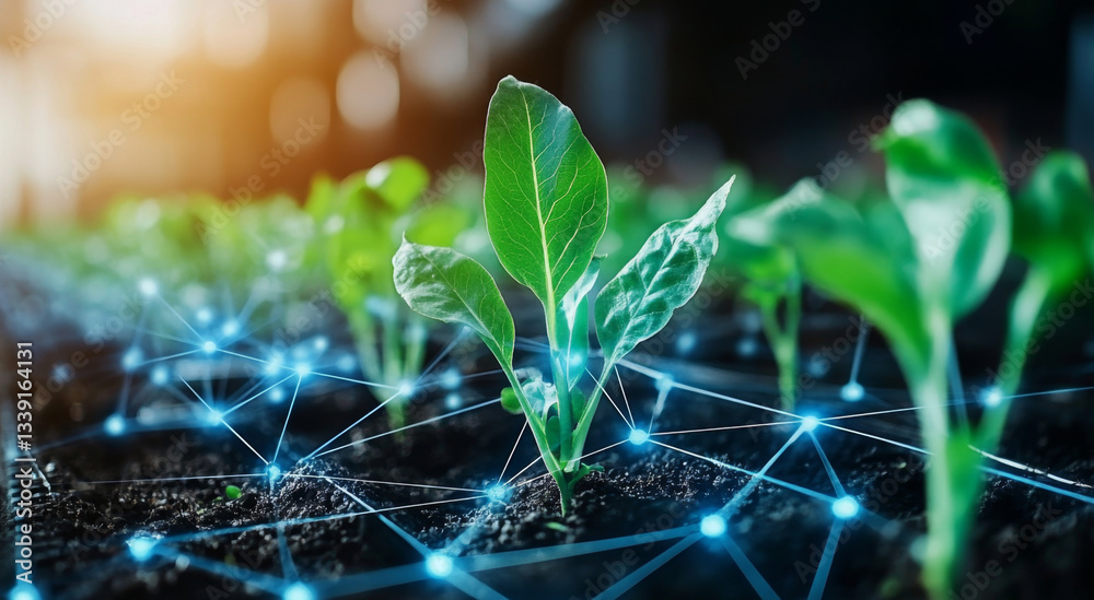 Poster Young plants thrive in well-prepared soil, benefiting from advanced agricultural techniques. Visible connections suggest the integration of technology in farming to optimize crop yield and health.