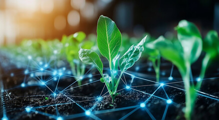 Young plants thrive in well-prepared soil, benefiting from advanced agricultural techniques. Visible connections suggest the integration of technology in farming to optimize crop yield and health.