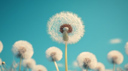 Obraz premium Dandelion with seeds drifting in wind against bright blue sky with clouds. Concept: dandelion with seeds embodies peacefulness and serenity in nature's beauty.