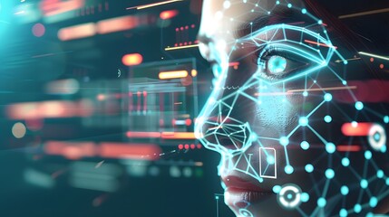 Seamless facial recognition grid pattern with biometric scanning dots and motion tracking indicators depicting a digital surveillance security theme