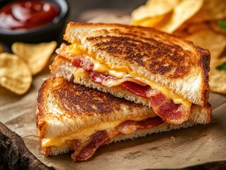 Crispy Grilled Cheese Sandwich with Bacon, Savory Slices of Cheddar Cheese and Crispy Bacon, Served with Potato Chips and Ketchup on a Rustic Wooden Table