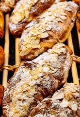 Almond Croissants French Pastry Powdered Sugar Toasted Almonds Professional Bakery Photography Breakfast Menu Fresh Baked Pastries Gourmet Patisserie Flaky Layers Artisan Baking