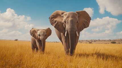 Fototapeta premium Ground-level photography of elephants in serengeti's golden grasslands