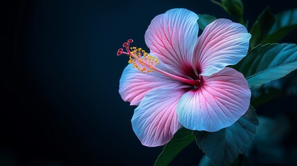 Fototapeta premium Close-up of vibrant hibiscus flower with blue center, yellow stamen, and dark green leaves. Concept: serene beauty of hibiscus flower highlighted against dark background.