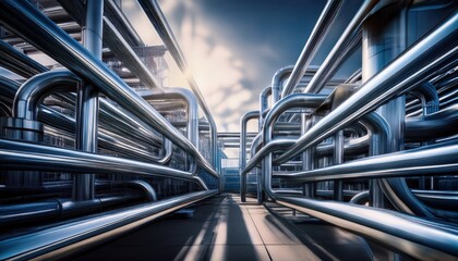 Modern metallic pipes create an industrial design against a bold backdrop.