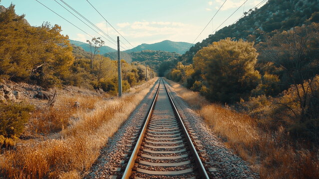 A railway track stretches into the distance, flanked by lush green bushes on both sides, the parallel steel rails cut through the natural countryside landscape
