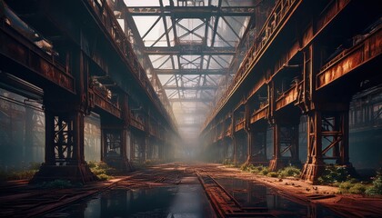 Obraz premium Light filters through a derelict industrial space, showcasing rusted structures and greenery.