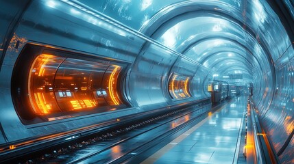 A futuristic train station with automated ticketing and glowing pathways 