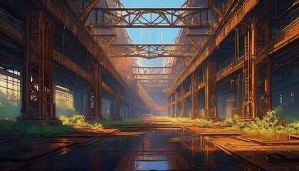 Sunlight filters through towering structures in a vast industrial space filled with greenery.
