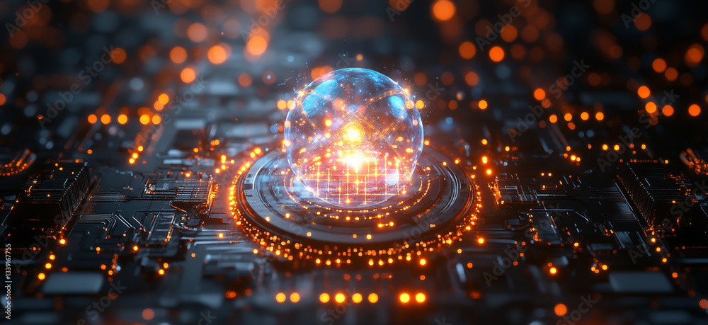 Fototapete A glowing sphere represents qubit superposition in a visual of quantum computing, set against a circuit board with intricate patterns and illuminated connections, highlighting advanced technology.