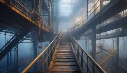 Winding staircases weave through a modern industrial space with soft mist and warm lights.