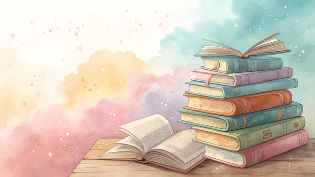 Watercolor book stack background, soft pastel hues blending, books in varying sizes and colors, inspiring and educational atmosphere with copy space  