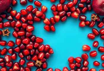 Obraz premium A heart-shaped arrangement of vibrant pomegranate seeds, delicious, romantic