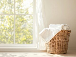 Organizing a Rustic Wicker Laundry Basket with White Linens by the Window in a Cozy Room
