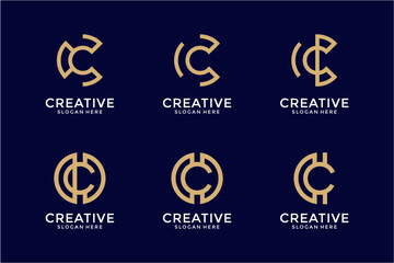 Set Of Creative Initial Letter C Logos In Golden Pixel Style On Dark Background