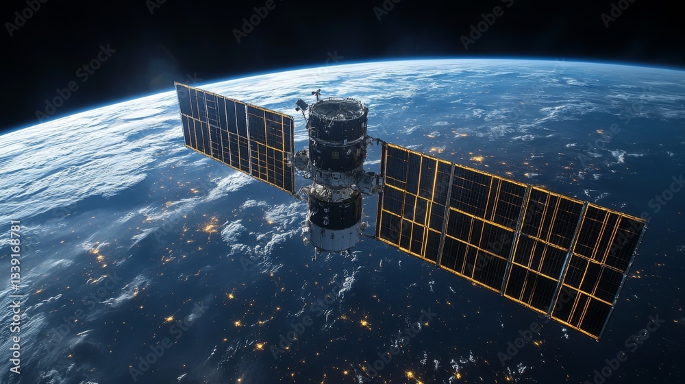Poster The satellite orbits Earth, sending critical telemetry data and collecting cosmic radiation information as twilight descends. Its solar panels capture energy for ongoing operations.