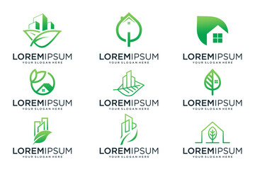 Set Of Green Eco Logos With Buildings Homes And Leaves
